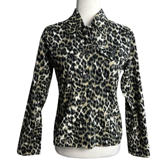 Analogy Jean Jacket NWT Animal Print Leopard Long Sleeves Trendy Women's Size Sm - Picture 1 of 9